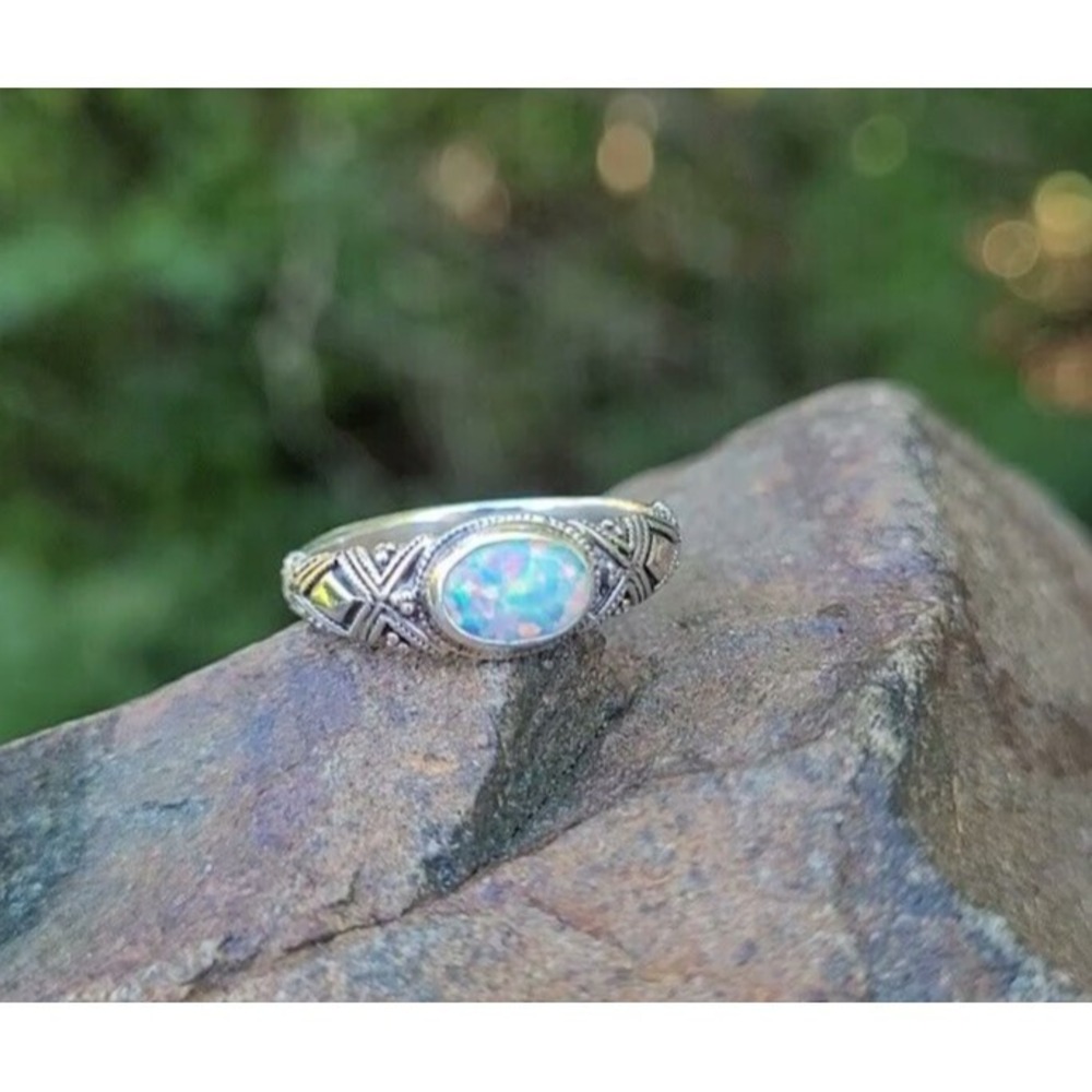 NEW Artisan Opal Oval Ring 925 Sterling Silver Size 7 Dainty Girl Gift Beach Sea